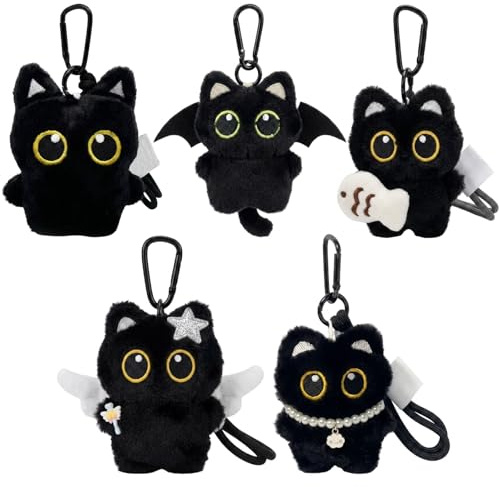 JazRvr 5-Teiliges Set Mit Schwarzen Katzen, Schlüsselanhänger Katze, Schlüsselanhänger Plüsch, Schlüsselanhänger, Plüsch Anhänger, Keychain Cute, Katzen Kuscheltier