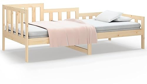Foknhdi Tagesbett 80x200 cm aus massivem Kiefernholz, Bettrahmen mit Lattenrost und seitlichem Gitter, vielseitiges Schlafsofa für Wohnzimmer und Gästezimmer, Naturholz unbehandelt