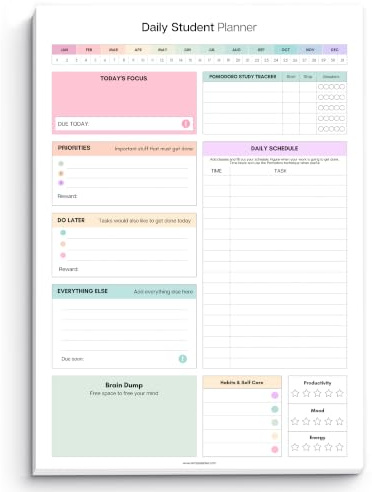 Student daglig ADHD, planerare A4 | 50 ark odaterad studieplanerare, guidad daglig uppgift och pomodoro tracker, neurodivergent fokusplanerare med hjärndumpning, schema, prioriteringar, vanor och