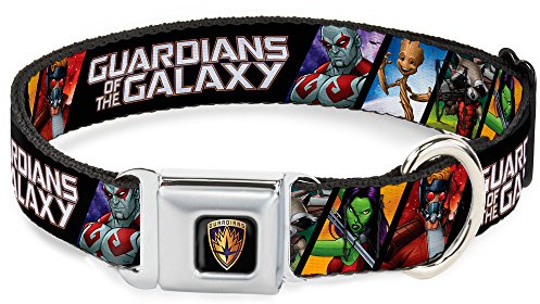 Buckle-Down Hundehalsband mit Sicherheitsgurt-Schnalle, Guardians of the Galaxy, 5 Figuren, Posenblöcke, 2,5 cm breit, passend für Halsumfang von 27,9–43,2 cm, Größe M