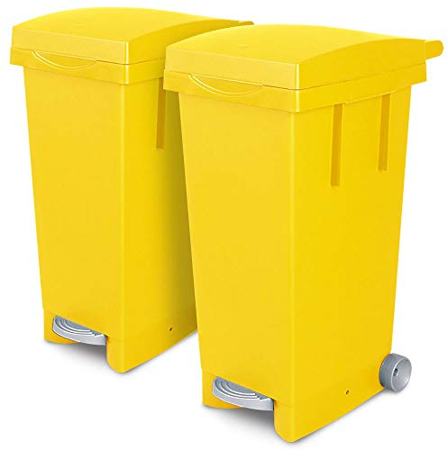 BRB Set, 2X 80 Liter Abfallbehälter mit Rollen, Fußpedal, selbstschließender Deckel, Klemmring für Müllsäcke (gelb)