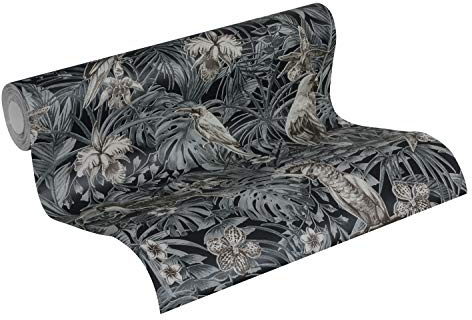 A.S. Création Papier Peint Intissé Greenery - Effet Jungle Avec Oiseaux - 10,05 m x 0,53 m - Noir, Gris, Crème - 372104 37210-4