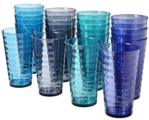 US Acrylic Splash [Set of 16] 18 ounce Plastic Stackable Water Tumblers in 4 Coastal Colors Value Set of Drinking Cups, Reusable, BPA-free, Made in the USA, Top-rack Dishwasher Safe