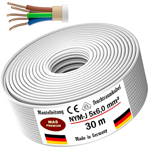 MAS Premium Feuchtraumkabel Stromkabel von 5m bis 50m Mantelleitung NYM-J 5x6 mm² Elektrokabel Ring für feste Verlegung (30m)