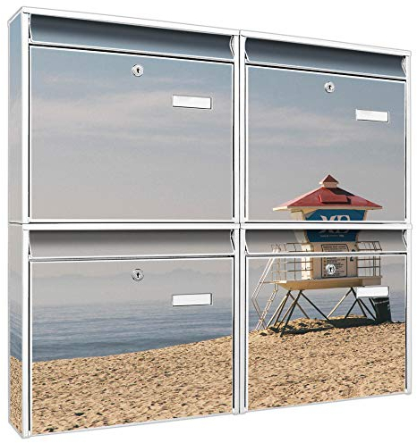 banjado Briefkastenanlage 4 Fach - Postkästen groß - verzinkter Stahl weiß DIN A4 Motiv Beach Section - Briefkasten Set 4 Briefkästen Namensschild, 2 Schlüssel, Montagematerial