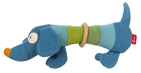 Sigikid 39376 Strick-Greifling Hund Baby Strick Mädchen und Jungen Babyspielzeug empfohlen ab 3 Monaten blau/grün