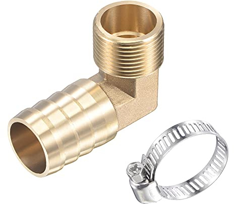 sourcing map Brass Hose Barb Fitting Elbow 25mm x G3/4 Male Thread Right Angle Pipe Connector with Stainless Steel Hose Clamp