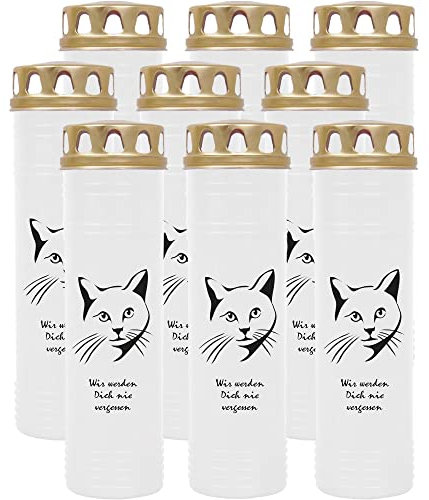 HS Candle Grabkerze Grablicht - 9er Pack mit Motiv (Katze Kopf) - ca 100h / 4 Tage Brenndauer je Kerze (25cm, Ø 7cm) - viele versch. Deisgns