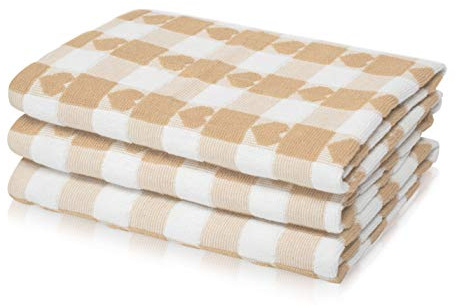 La Maison Pack of 3 Hearts Check Woven Tea Towel Large Super Absorbent 100% Cotton Kitchen Towels (Beige)