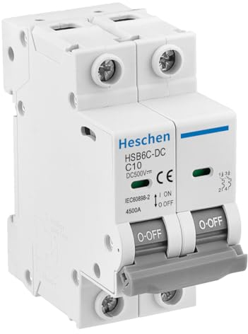 Heschen DC Miniature Circuit Breaker, HSB6C-DC, 2 Poles, DC500V 10A, Photovoltaic Circuit Breaker, for Solar PV System Solar Panels Grid System, 35mm DIN Rail Mounting