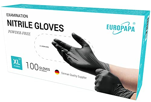 EUROPAPA 100x Nitrilhandschuhe Box Einweghandschuhe, Einmalhandschuhe, Untersuchungshandschuhe, Nitril Handschuhe, puderfrei, ohne Latex, unsteril, latexfrei, disposible gloves (XL, Schwarz)