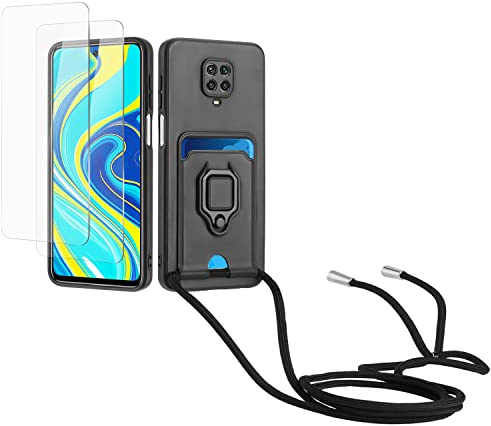 Kaslly Funda con Cuerda para Redmi Note 9 Pro/Note 9 Pro MAX/Note 9S+[2 Pack Protector Pantalla],Case con Ranura para Tarjetas,Cubierta de Cámara Deslizante Proteger,Doble Cara Protección Cover-Negro