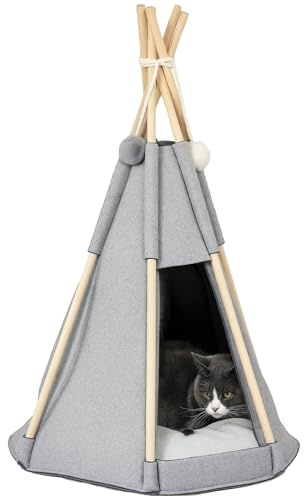 PawHut Teepee - Tenda Teepee Gatto o Cane, Cuscino Spesso, Grande Comfort, 2 Pompon Inclusi, casa Cuccia per Gatti, Struttura in Legno di Pino Feltro, Colore: Grigio