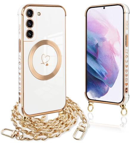 Pnakqil Handykette für Samsung Galaxy S21 Plus 5G Hülle mit Band, Kompatibel mit MagSafe, Handyhülle Ultra Dünn Silikon Magnetisch mit Herz Love Muster Schutzhülle mit um Umhängen Kordel, Weiß Gold