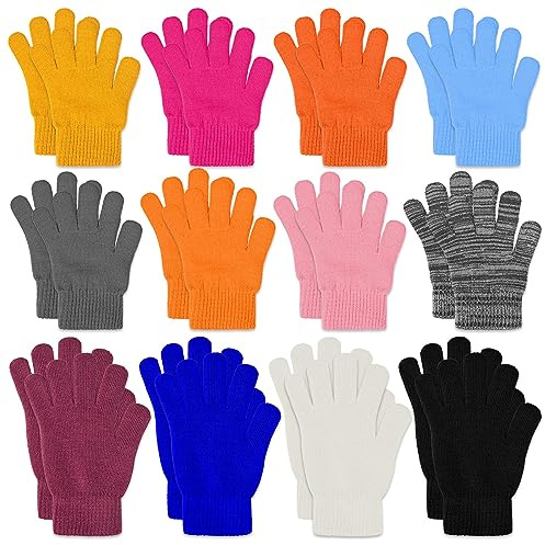 KXCOFTXI 12 Pairs Adult Winter Gloves, Kids Colorful Knit Gloves, 8 Color Mixed Loading, 2 Sizes, Bulk Cold Sports for Driving and Sports