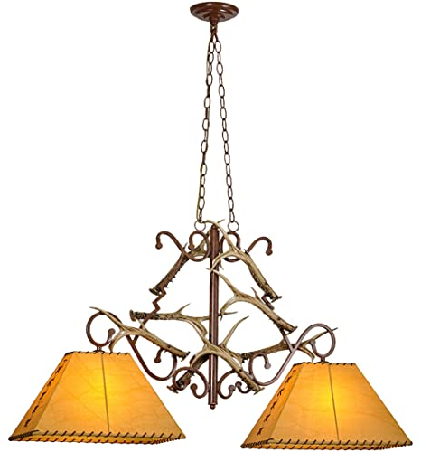 PAZWAHF 2-flammige Vintage-Bauernhaus-Kronleuchter, Kunstharz-Geweih-Hängelampe, Lampenschirm aus Kunstschaffell, 40 Zoll (100 cm) breite Pendelleuchten