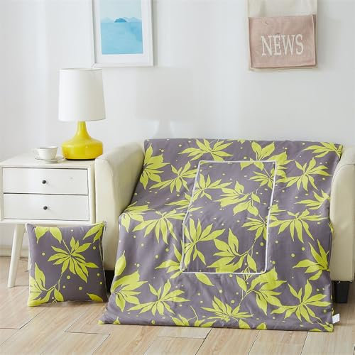 Surwin Reisedecke Kissen Decke 2 in 1, Flugzeugdecke Auto Steppdecke, Moderne Mikrofaser Reisekissen mit Reißverschluss, Multifunktionale Zierkissen Sofakissen Wohndecke (120x160cm,Grüne Blätter)