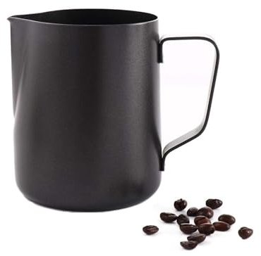 GUEDKIKL Jarra de espuma de leche de acero inoxidable con tapa, taza de café con leche, jarra de vapor espresso, jarra de espuma de leche para café, 600 ml, color negro