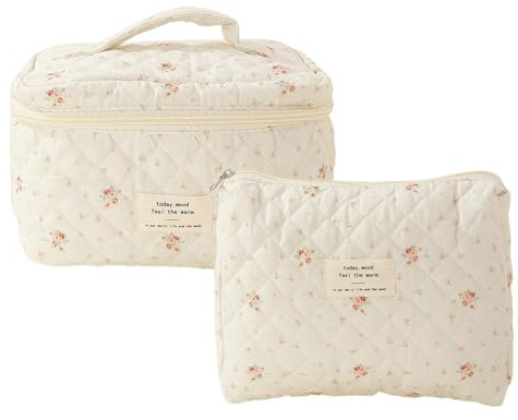 2 Stück Reise Kosmetiktaschen, Damen Gesteppte Kulturtasche Mit Blumenmuster, Make-up-Tasche Organizer Mit Reißverschluss, Kawaii Tragbare Kulturtasche Für Zuhause, Fitnessstudio, Camping, Hotel