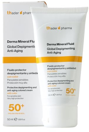 Thader Pharma Protection solaire minérale pour le visage avec couleur 50+ Derma Mineral Fluid dépigmentant et anti-âge, 50 ml