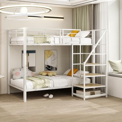 Kinderbett Etagenbett Hochbett 90x200, Metallbett Eisenbett mit Aufbewahrungstreppe&hohes Geländer, Funktionsbett Doppelbett Kinderhochbett Jugendhochbett Stockbett Bettgestell Eisenrahmenbett, Weiß
