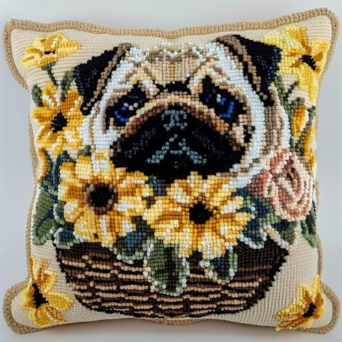RKFLGEW DIY knüpfen set anfänger Mops Tier knüpfkissen mit vordruck Hund und Blumen Knüpfhaken-Kissen-Set，DIY-Kissenbezug zum Basteln，bedruckte Leinwand für Anfänger，Stickerei，Bastelkissen 43x43cm