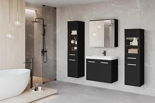 MINIO go for it - Badezimmermöbel Set Marit 2 Wandspiegelschrank mit LED | Schrank mit Waschbecken, Farbe: Schwarz matt