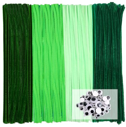 TOAOB 300 Stück Pfeifenputzer zum Basteln 4 Verschiedene Grün Chenilledraht | Pfeifenreiniger 6 mm x 30 cm, Pipe Cleaner Basteln Set, mit Wackelaugen Selbstklebende, für DIY Handwerksprojekte
