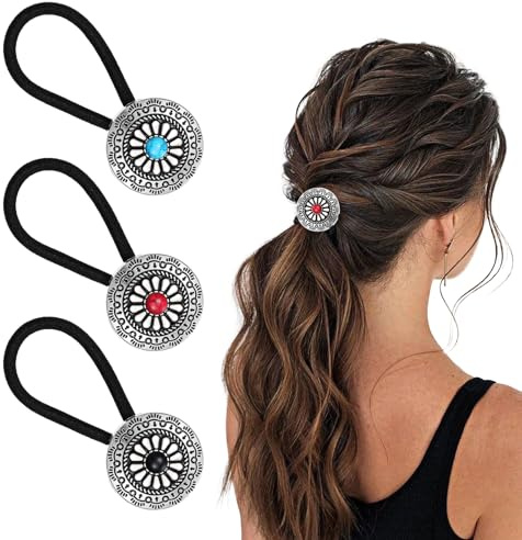 HJZHII 3 gomas para el pelo para mujer, estilo occidental, accesorios para el cabello, pulseras para el pelo, pinzas para el pelo, estilo bohemio, vintage, turquesa, concho, flores de calabaza, bandas