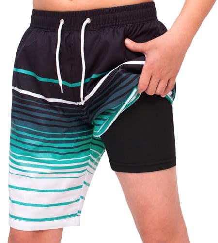 MEILONGER Bañador Natacion niño Dos en uno Traje de baño Pantalones Cortos para niño Pantalones Cortos de Tabla de Secado rápido Traje de baño Ajustar la Cuerda de Bombeo(Negro Azul Blanco 10-12)