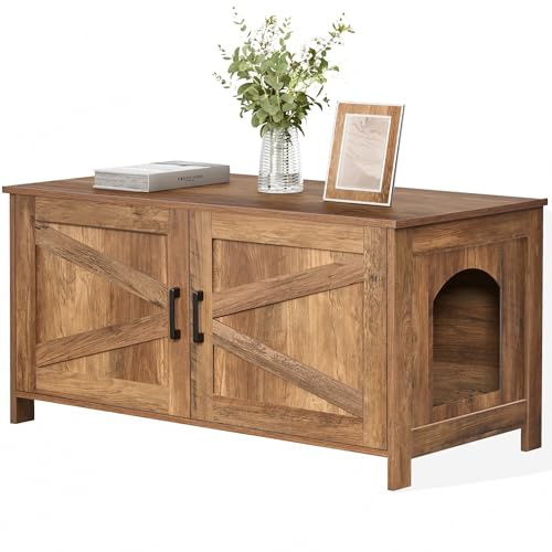 Homhedy Caja de arena para gatos de 39.4 pulgadas de largo, casa para mascotas con puerta de granero, muebles de baño de madera para gatos, se adapta a la mayoría de cajas de arena, nogal rústico
