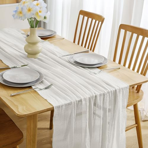 Tischläufer 80x300 cm - Weißes Gaze Stoff, Eleganter Deko für Esszimmer & Gartenparty, Wohnkultur, Hochzeit & Romantische Essen