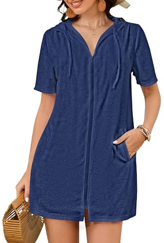 Bsubseach Terry Cloth baddräkt Cover Up för kvinnor dragkedja morgonrock med huva strand med fickor sommar, Marinblå, XXL