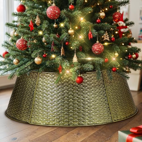 Lanpn Metall Weihnachtsbaum Kragen 50cm, Weihnachtsbaum Halsband Christmas Tree Collar Für Klein Mini S Wetterfest Für Kunstbäume Innen Außen - Weihnachtsdekoration (Gold, Horizontales Weben)