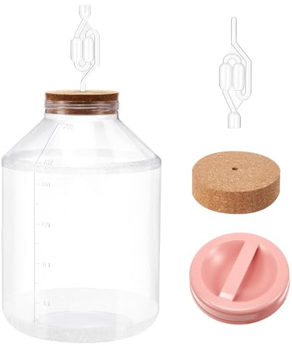 Ziliny 5 Gallon Plastic Wide Mouth Carboy with 1 Wooden Drilled Corks, Airlock, and Lid, PET 5 Gallon Water Jug Jar with Volume Markings for Beer Wine Brewing Fermentation Making Equipment