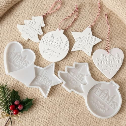 4 Stück Silikonformen Gießformen Weihnachten, Gips Gießen Formen - Tannenbaum Stern Liebesherz Kugel, Gießformen Silikon Anhänger für Weihnachtsdeko Christbaum Deko