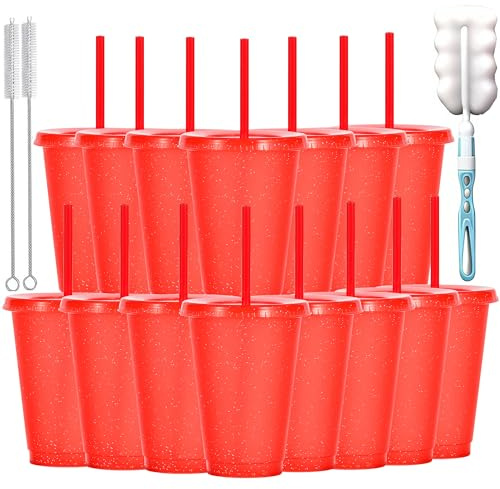 Yisituo Confezione da 15 bicchieri di plastica riutilizzabili da 480 ml, con coperchio e cannuccia, per bevande fredde, caffè freddo, viaggi e frullati (15, rosso glitterato)