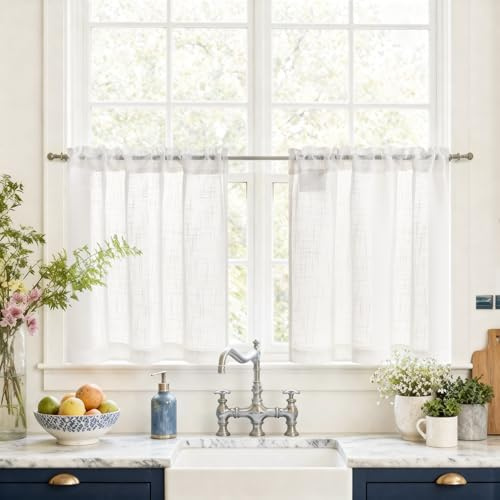Vangao Scheibengardinen Modern Voile Bistrogardine 2er Set 65Bx60Hcm Weiß | Küche Fenstergardinen mit Stangendurchzug, Halbtransparent Lichtdurchlässig, Wohnwagen Wohnzimmer, Boho Landhausstil Curtains
