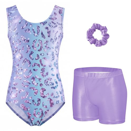 Arshiner Girls Gymnastics Leotard Kids Sleeveless 3Pcs Gymnastik Outfit | Printed Gymnastik Suit,Leotards Shorts Hairband,Sparkly Bodysuit,Training Dancewear Set,3-12 Years