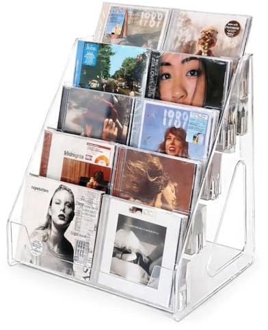 Avolin Acrylic CD Rack 5-Tier Cascading CD Storage Organizer, Holds Up to 30 CD Jewel Cases, Clear CD & DVD Display Shelf for Music, Postcards & Cosmetics（1PC）