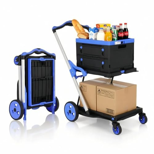 Nictemaw Einkaufswagen Klappbar, 2-Etagen Einkaufstrolley mit Abnehmbarer Klappbox, 90kg Traglast Transportwagen, 3S Schnellfaltung & Höhenverstellbar für Shopping, Camping & Umzug