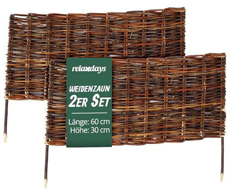 Relaxdays Valla para parterres de Mimbre, Set de 2, HxB: 30 x 60 cm, para Clavar, parterres y césped, Borde bajo, marrón
