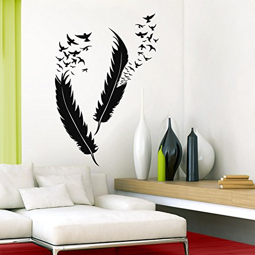 Grandora W5382 Wandtattoo Federn mit Vögel I schwarz L-Set I Wohnzimmer Schlafzimmer Feder Vogel Aufkleber Wandaufkleber Wandsticker