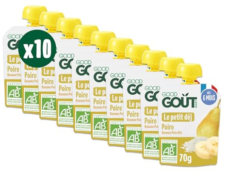 GOOD GOÛT - Petit Déj Poire - Gourde Pour Bébé - Dès 6 Mois - Format Nomade - Sans Sucres Ajoutés - 10x70g
