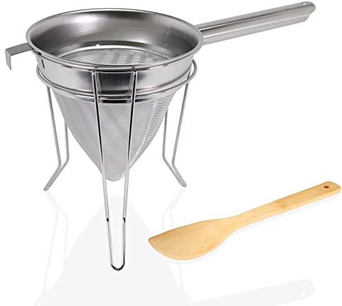 Anchy Colador Chino de 20cm con Malla Resistente Extra Fina de Acero Inoxidable Juego de Tamiz Cónico Grande con Espátula y Soporte