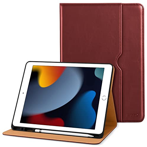 DTTO Hülle für iPad 9./8./7. Generation 10,2 Zoll 2021/2020/2019, Premium Leder Geschäft Folio Ständer Cover mit Stifthalter - Auto Wachen/Schlafen und Mehrere Betrachtungswinkel, Burgunderrot