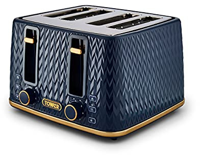 Tower T20061MNB Empire 4-Slice Toaster with Defrost/Reheat, Removable Crumb Trays, 1600W, Midnight Blue and Brass