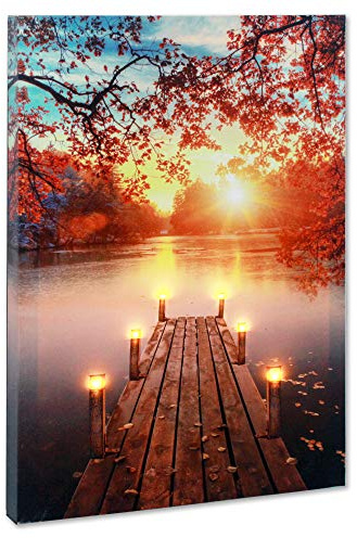 BetyHom Red Maple Sunrise Scenery by the Lake Canvas Wall Art with Lighted Candles LED (15.8x11.8 in)