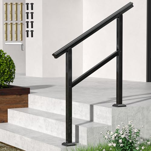 SPACEEUP Hand Rails for Outdoor 3 Steps, Wrought Iron Handrail Fit 1 to 3 Exterior Steps, Heavy Metal Outside Stair Rails for Porch Steps Concrete Steps Wood Steps, Easy Installation, Black