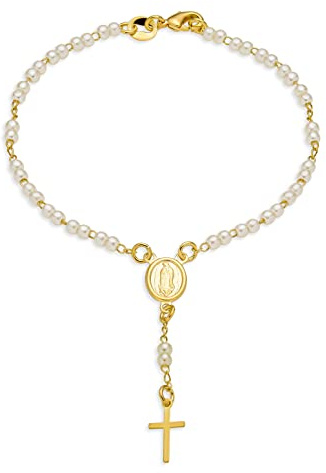 Bling Jewelry Zartes Zierliches Weißes Simuliertes Perlenkreuz Schutzpatronin Jungfrau Maria Rosenkranzgebet-Armband Für Frauen Und Teenager Vergoldetes Messing 18 Karat 7,5 Zoll